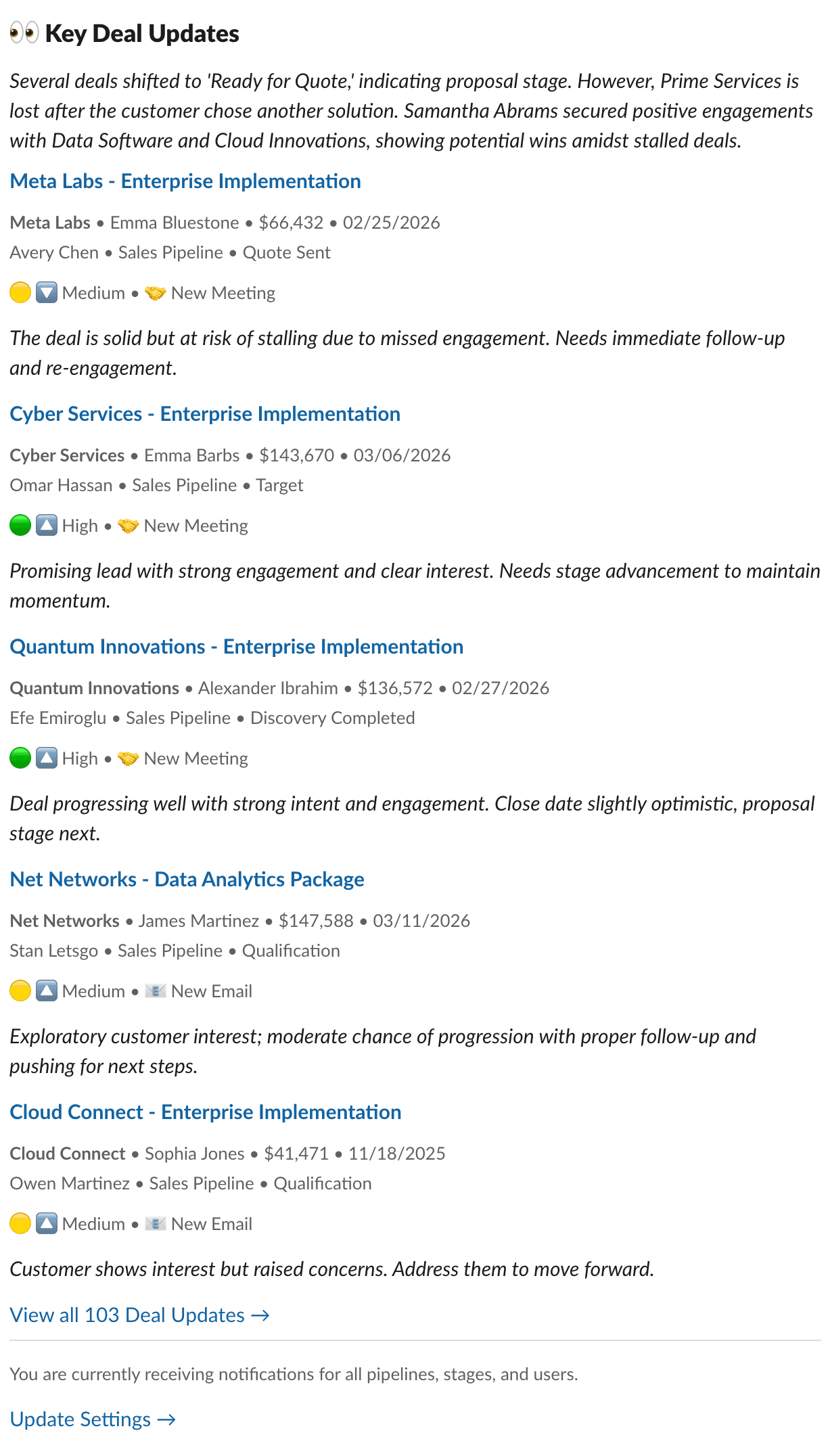 Weekly Summary Key Deal Updates