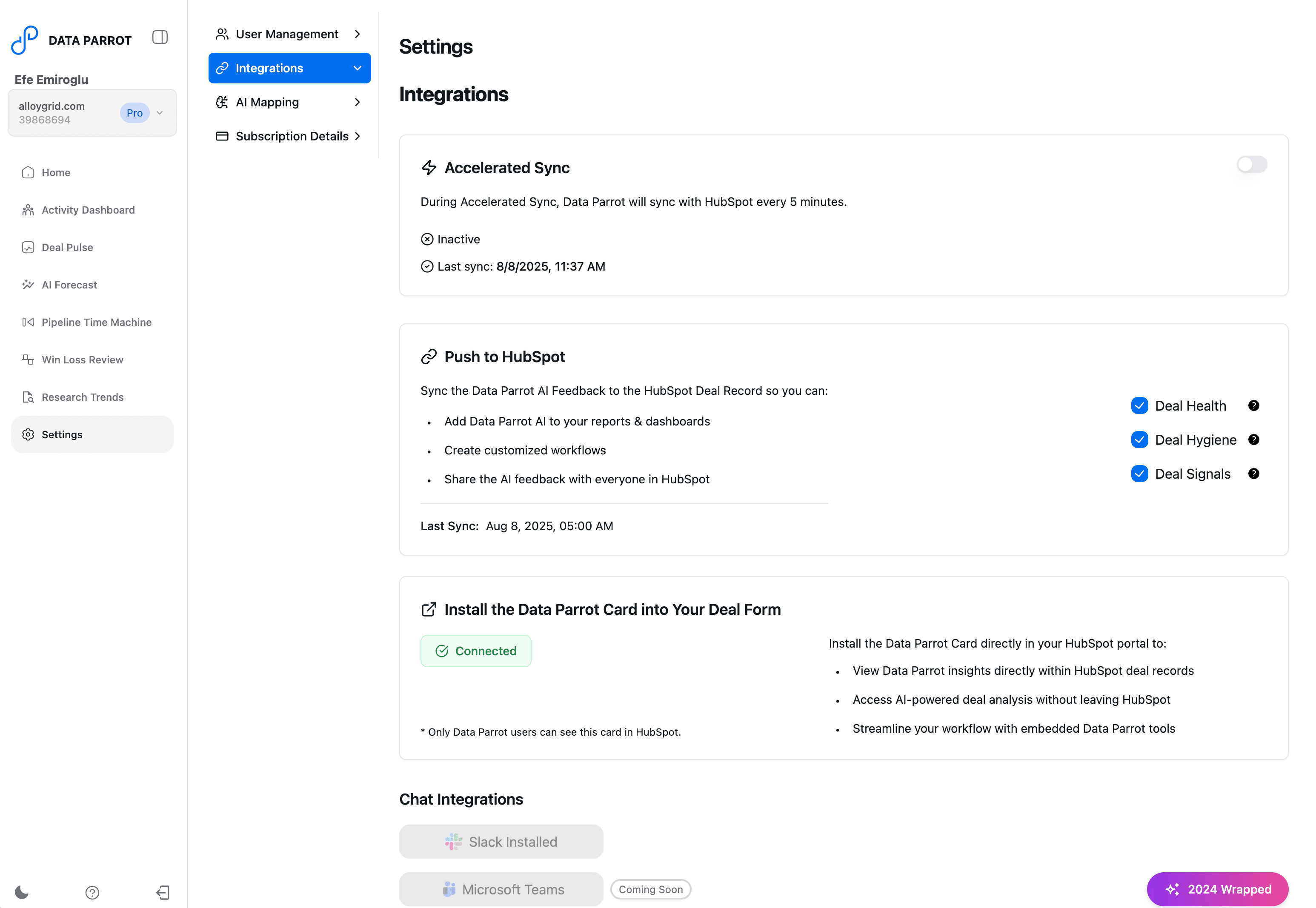 Data Parrot Settings → Connected Data Parrot Card