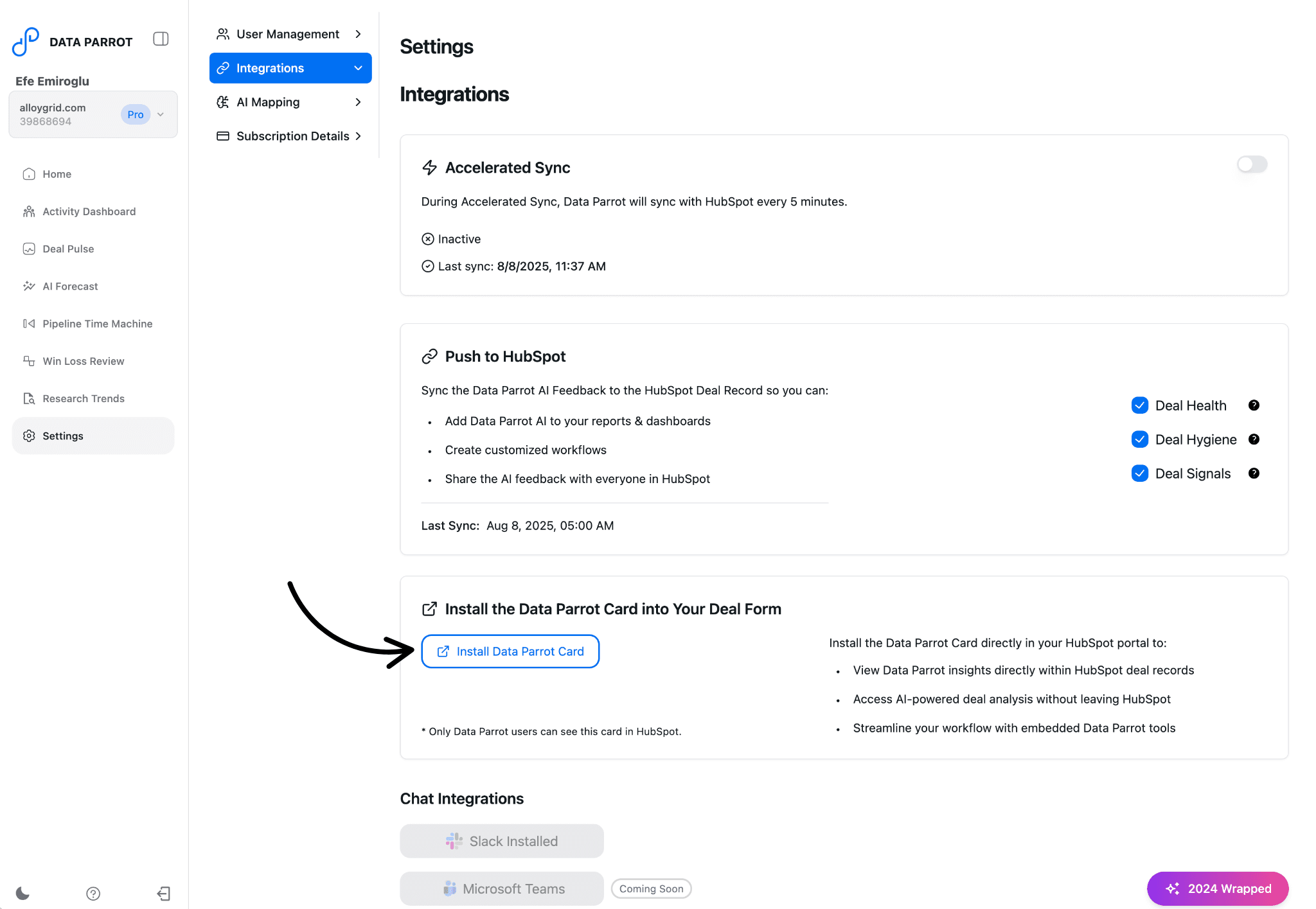Data Parrot Settings → Integrations with option to install the Data Parrot card