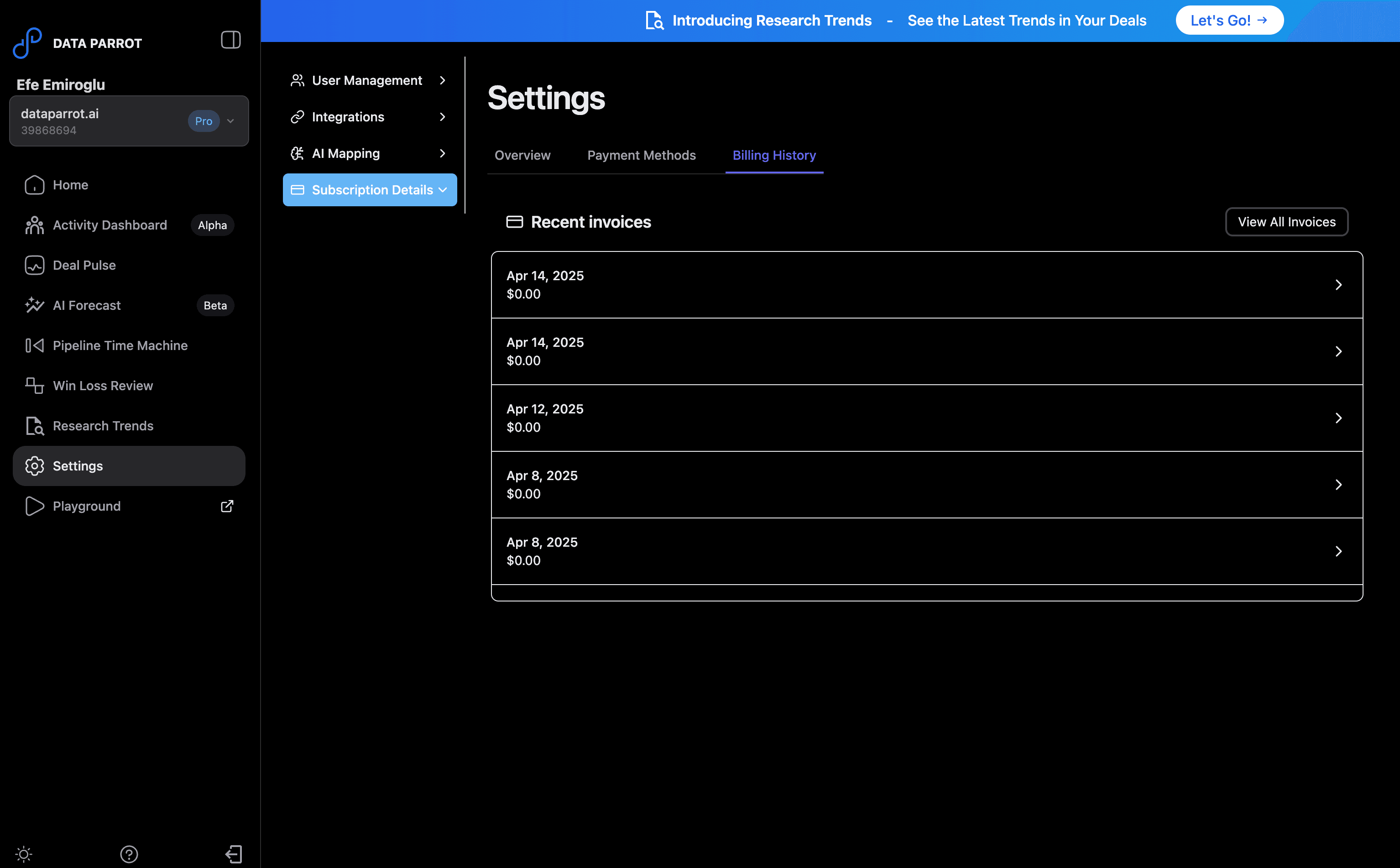 Data Parrot Billing History in Settings