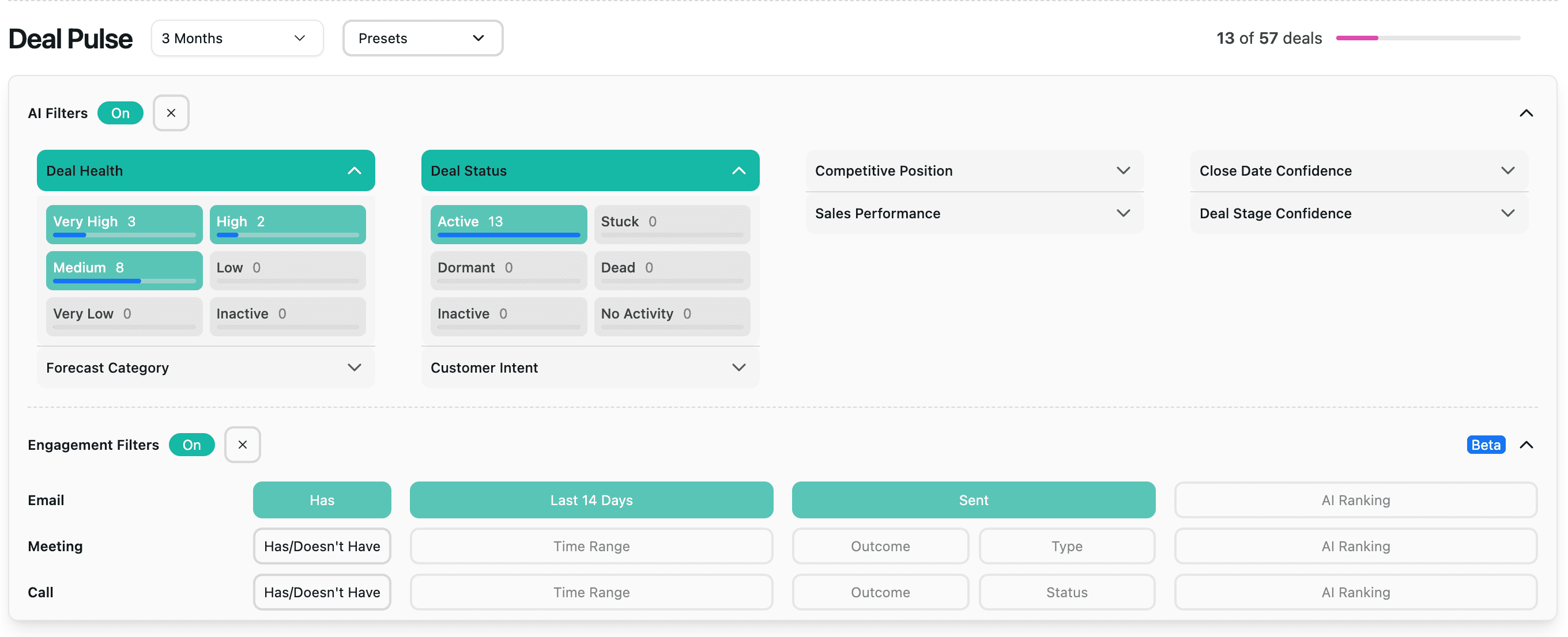Filtering Sales Deals by Deal Pulse - AI Analysis and Engagements