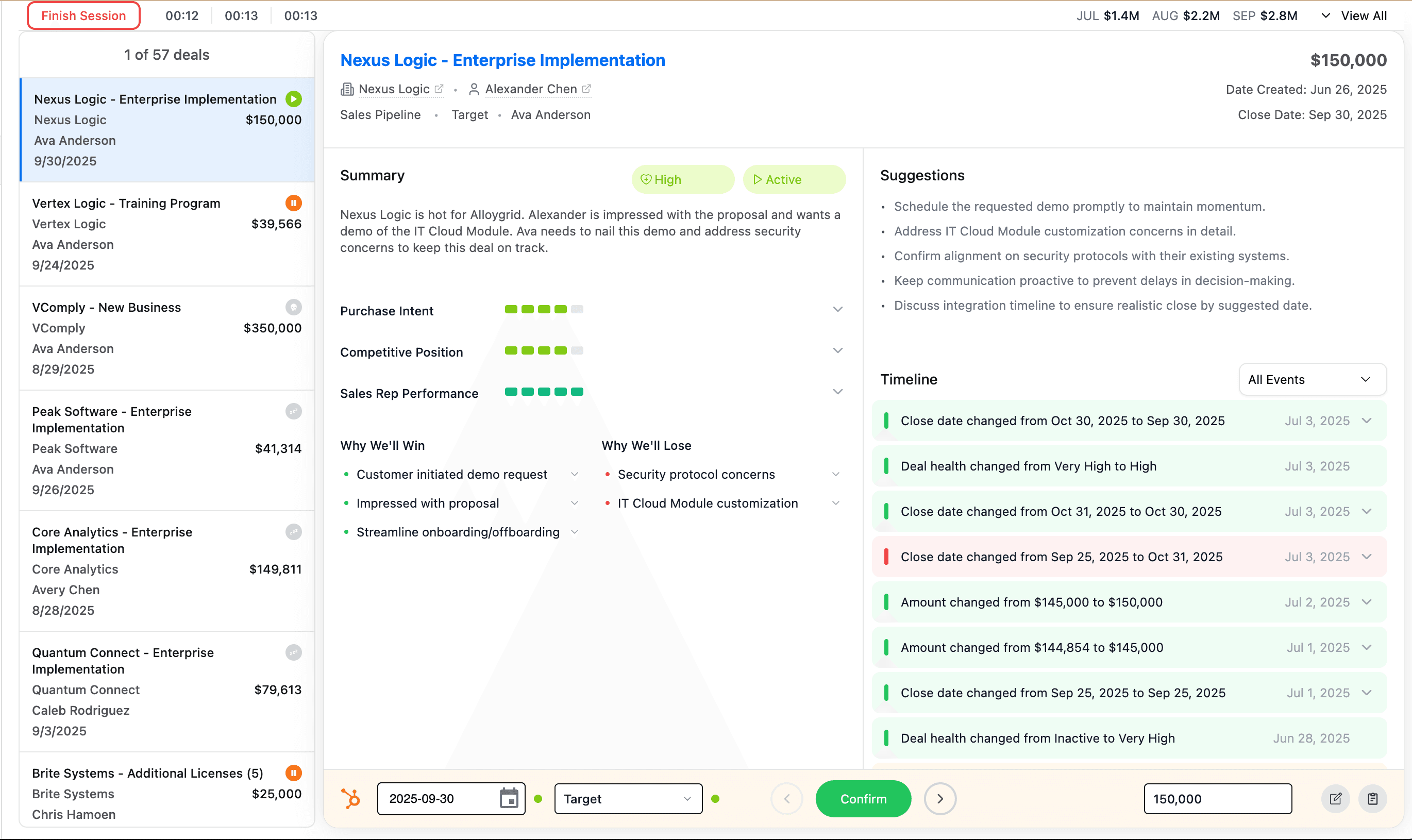 Data Parrot Deal Pulse Mode Layout - Top Bar, Deal Workspace, Action Bar