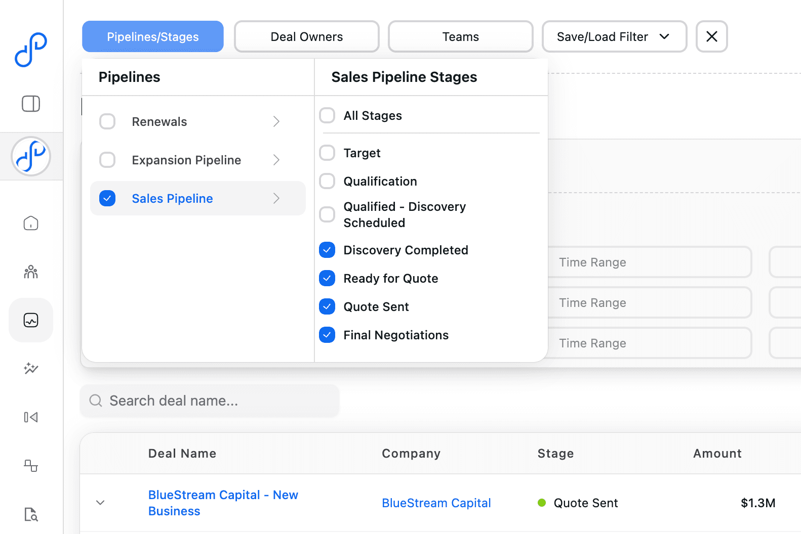 Filtering Sales Deals by Pipeline/Stage, Deal Owner and Team