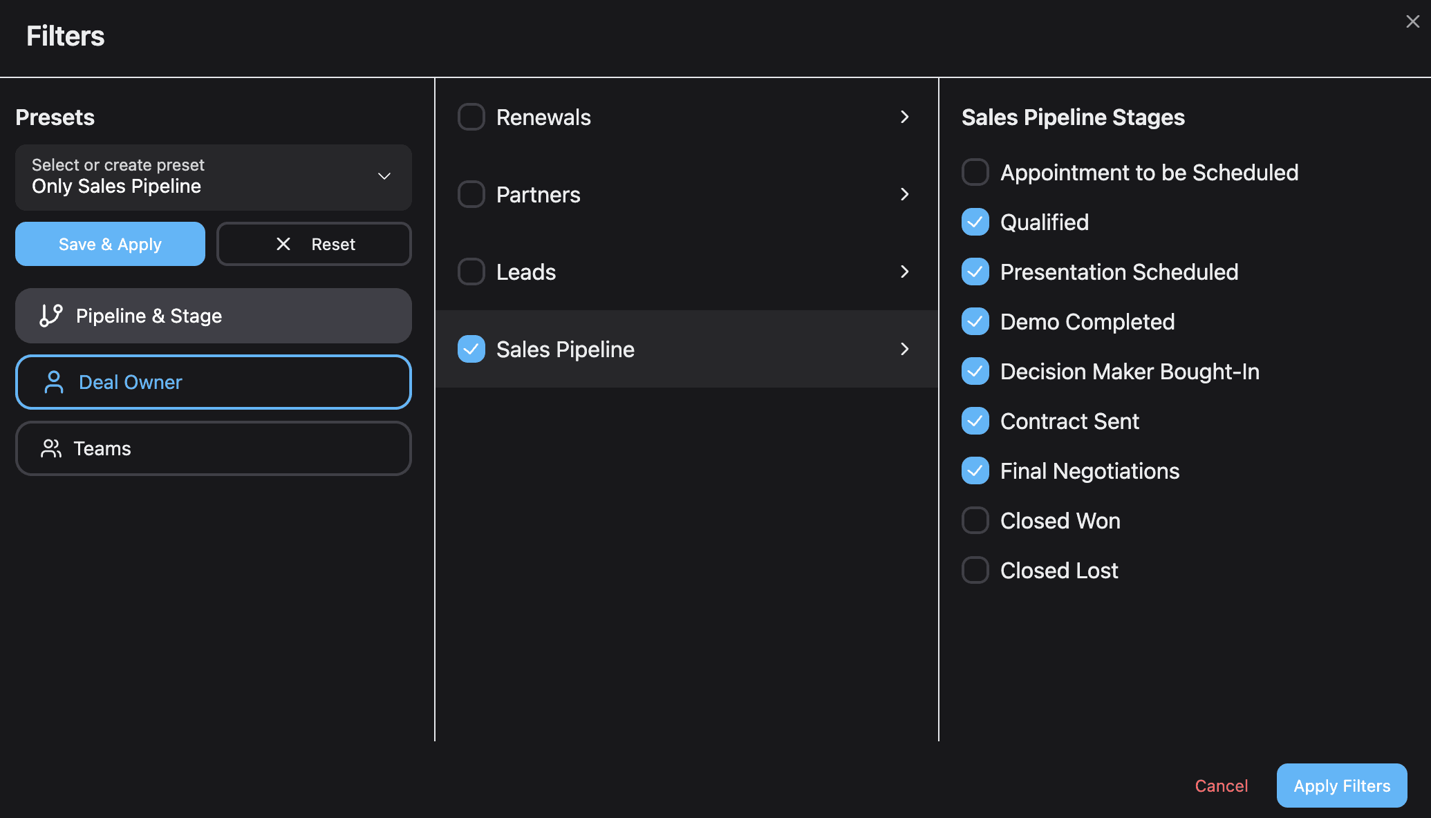 Filter Newsfeed by HubSpot Pipeline, Deal Stage, Deal Owner and Teams