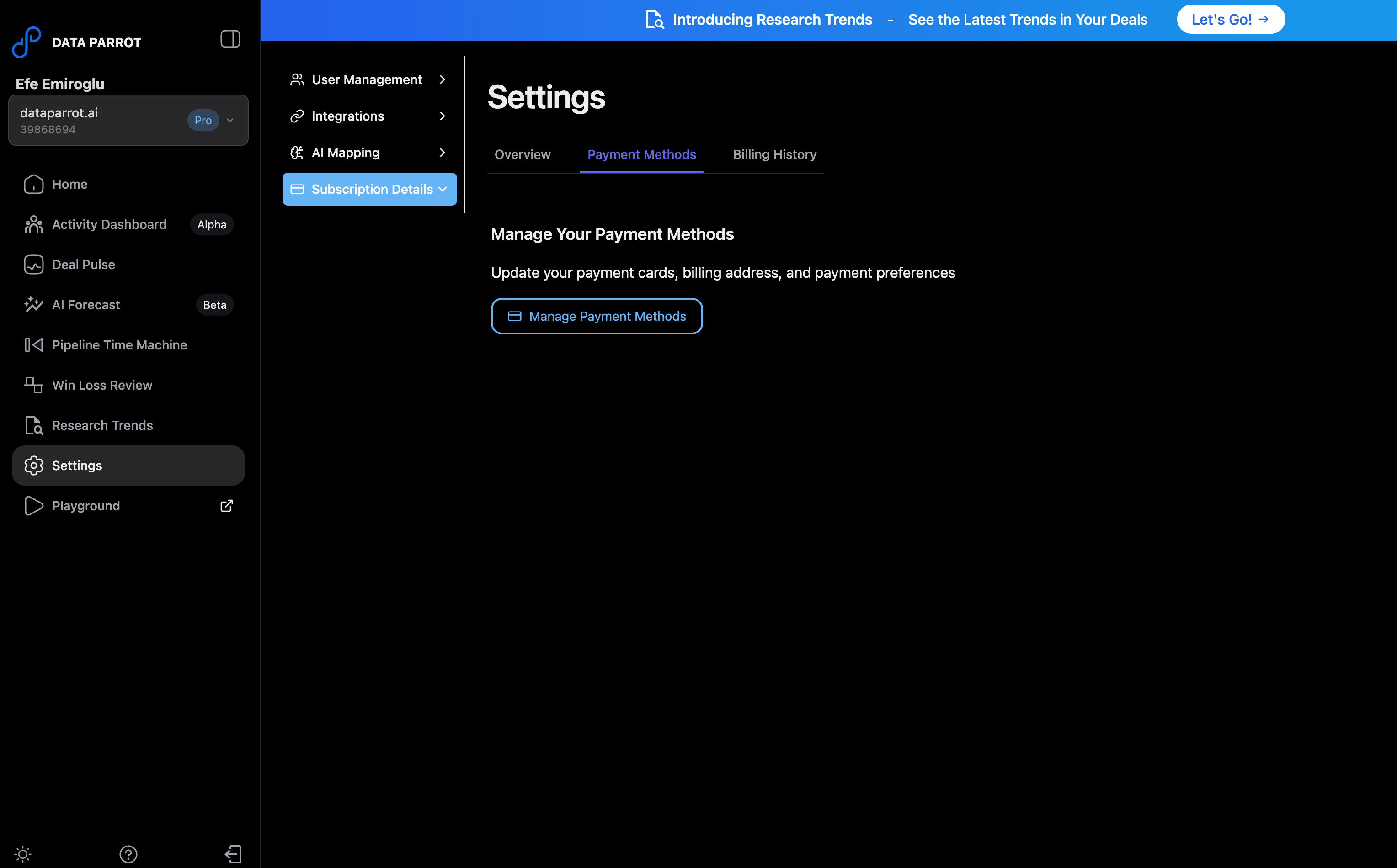 Data Parrot Manage Payment Methods in Settings