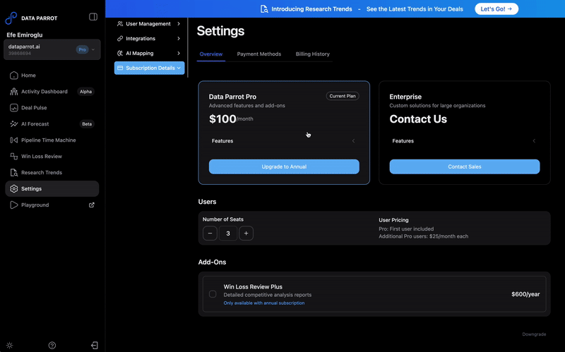 Data Parrot Manage Seats in Settings