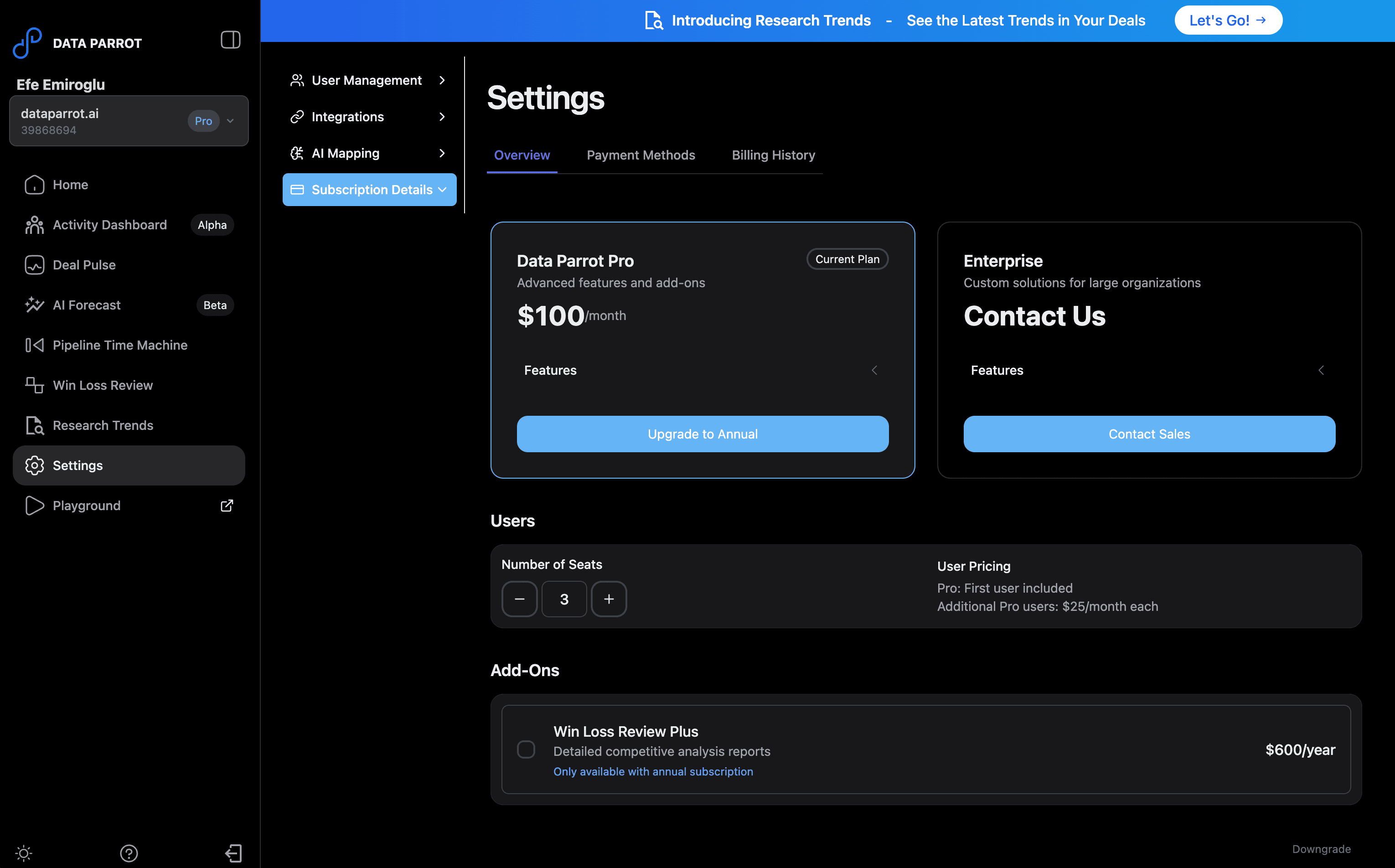 Data Parrot Subscription Details in Settings