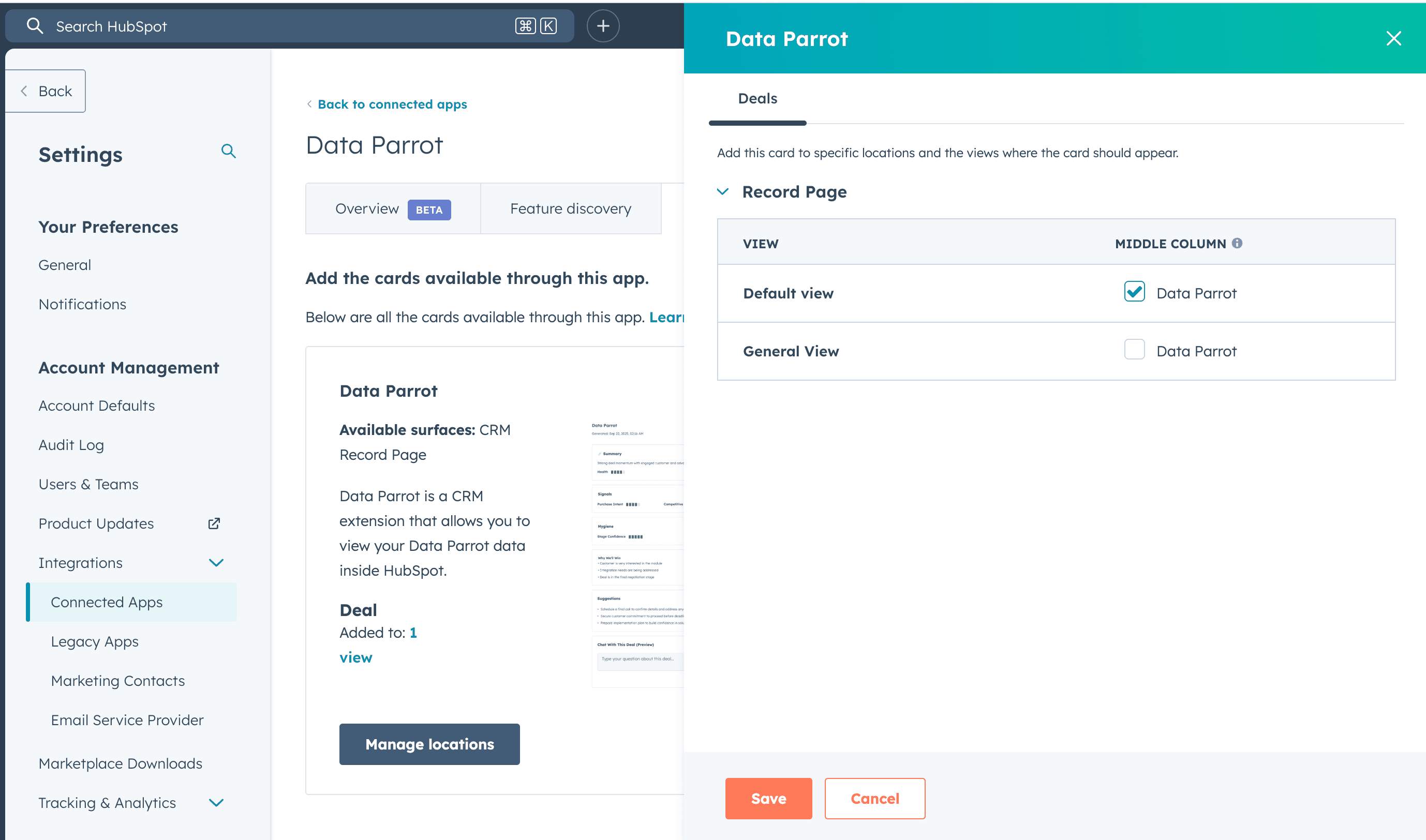 Manage Locations button within the HubSpot Data Parrot App Cards configuration screen