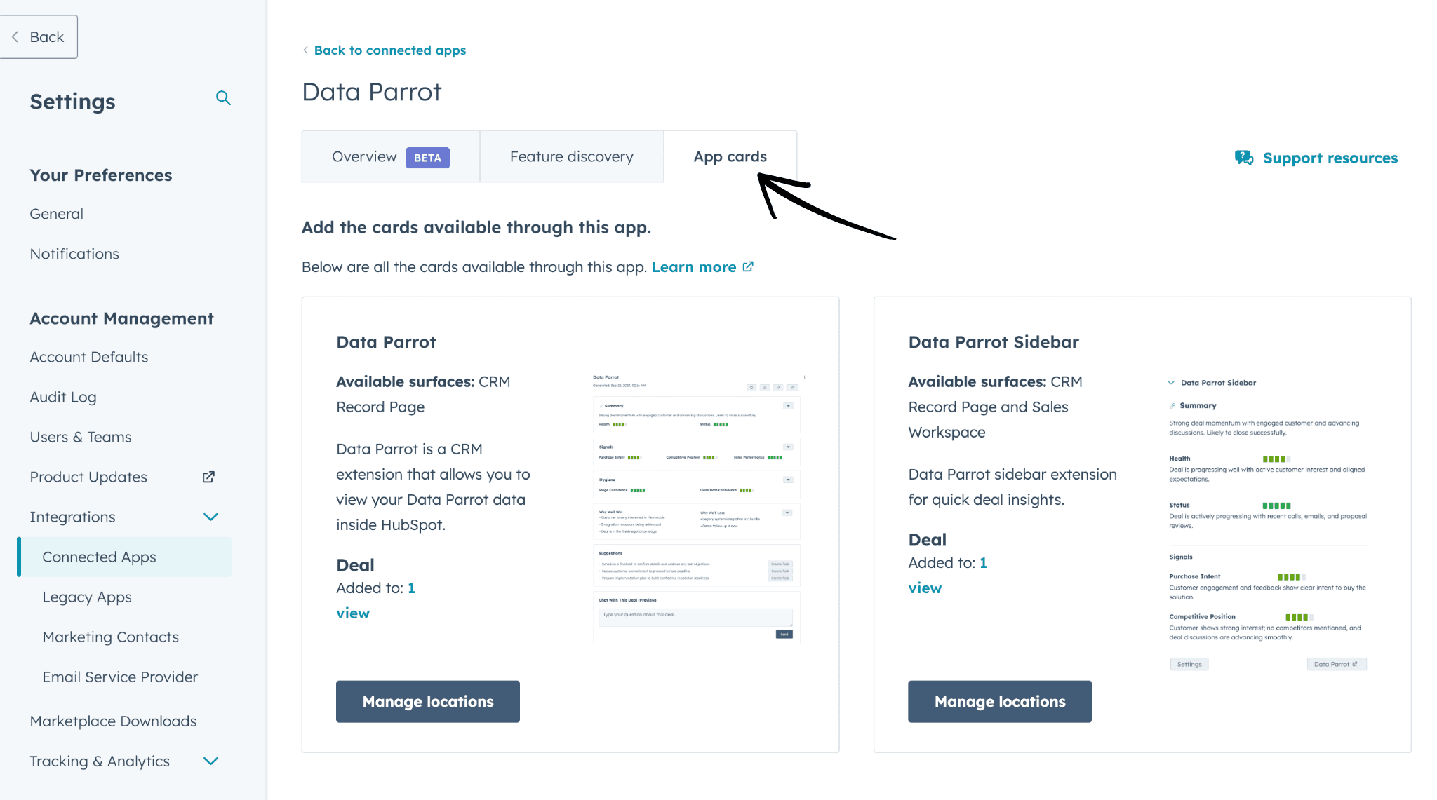 Data Parrot App Cards configuration screen in HubSpot