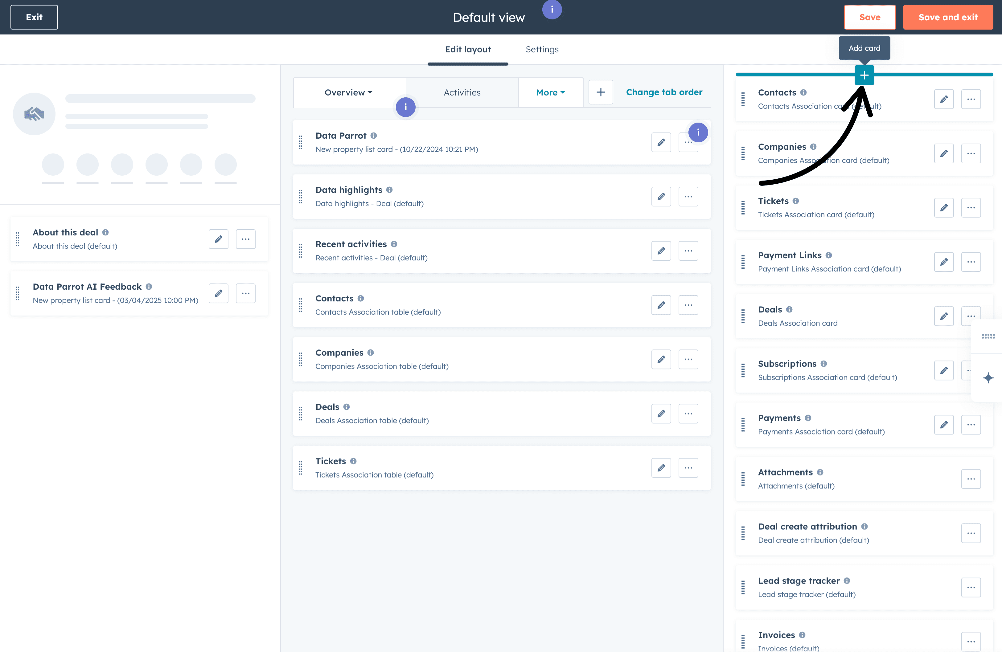 Add card button within the HubSpot Deal view editor