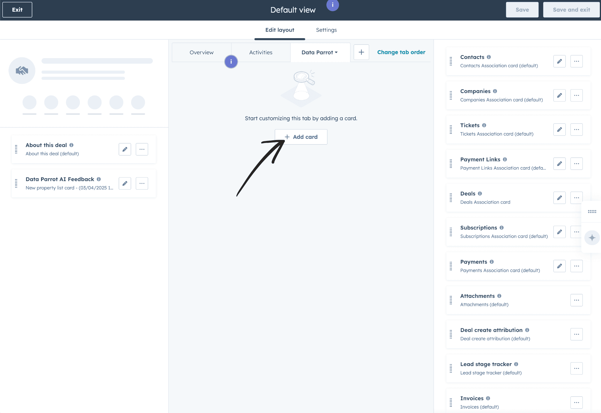 Add card button within the HubSpot Deal view editor