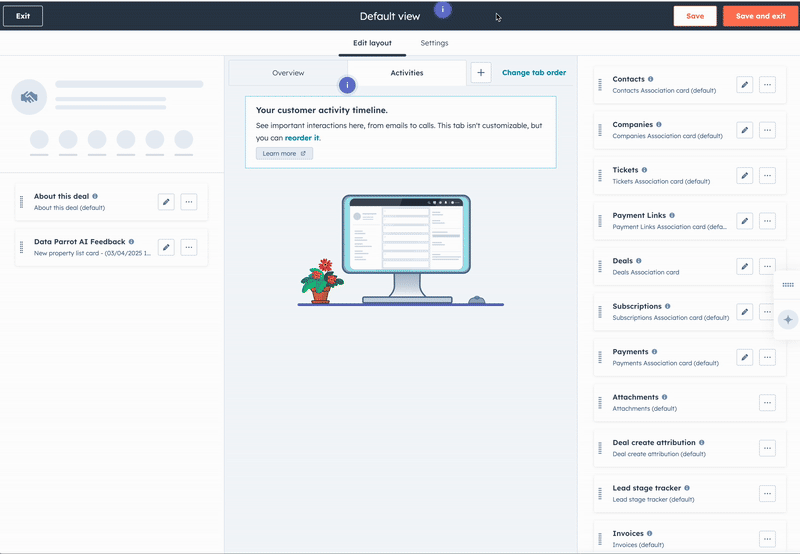 Create a new tab named Data Parrot in the HubSpot Deal view editor