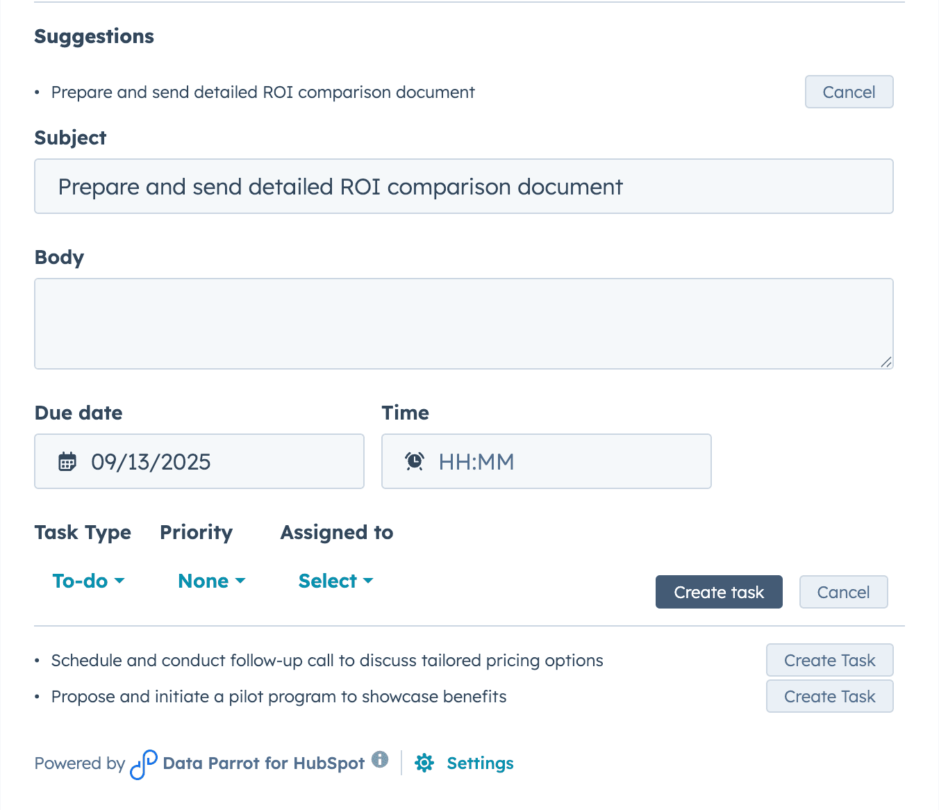 Create Task button within the HubSpot Deal view editor