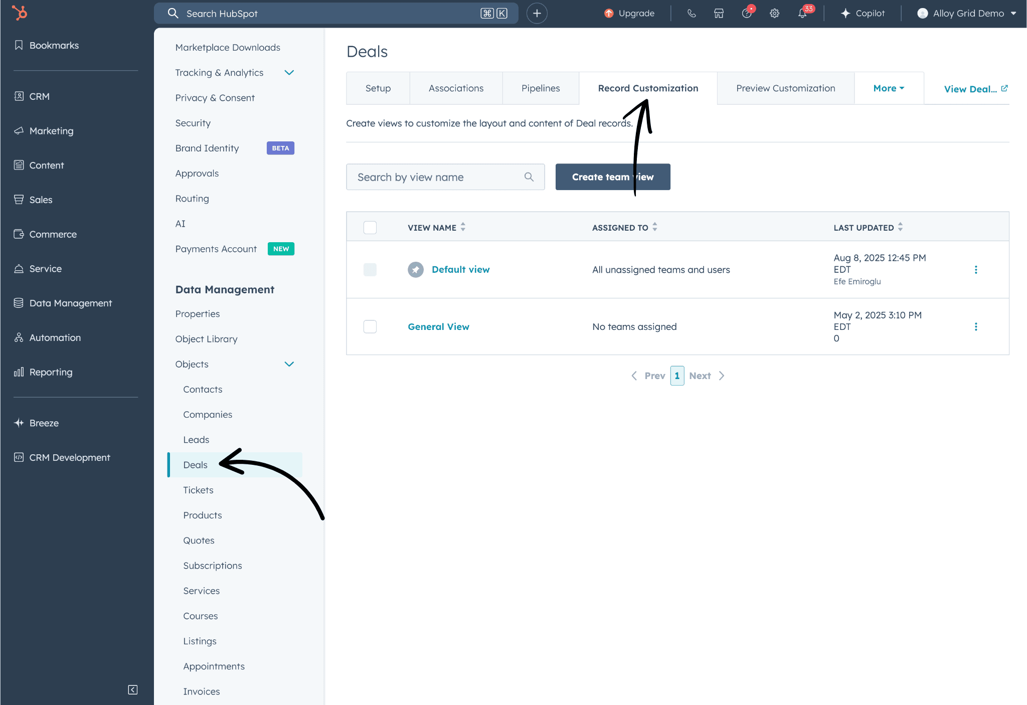 HubSpot Deals → Record Customization showing available views
