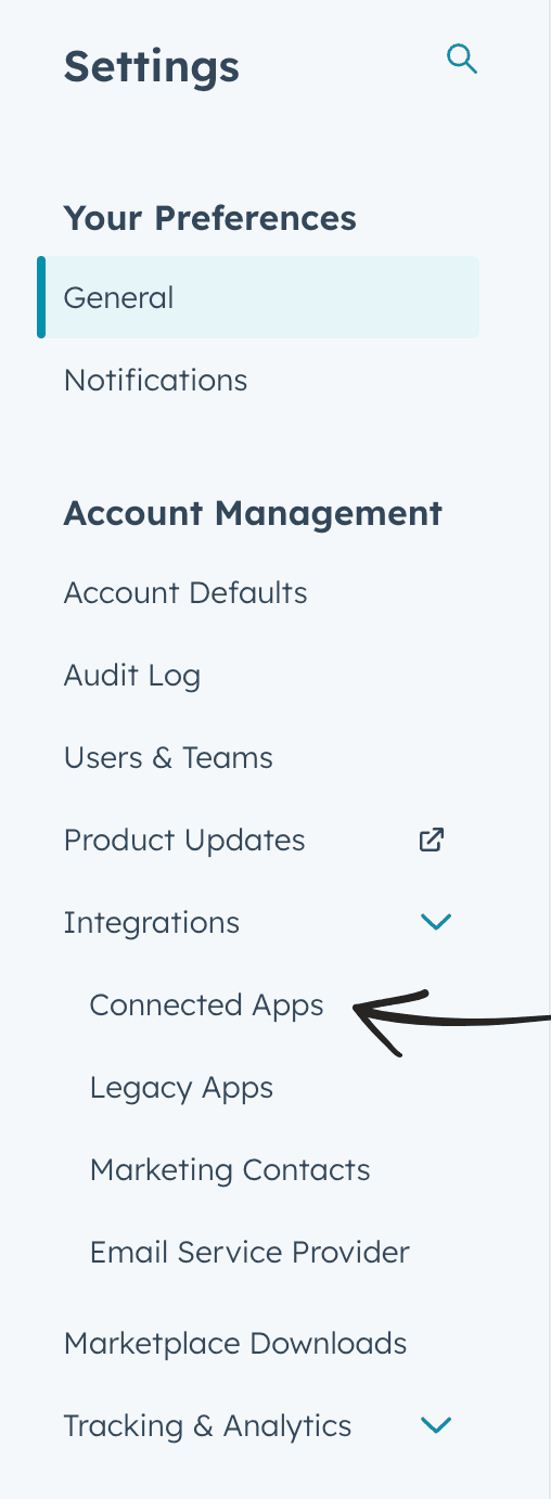 HubSpot Settings showing Integrations and Connected Apps menu