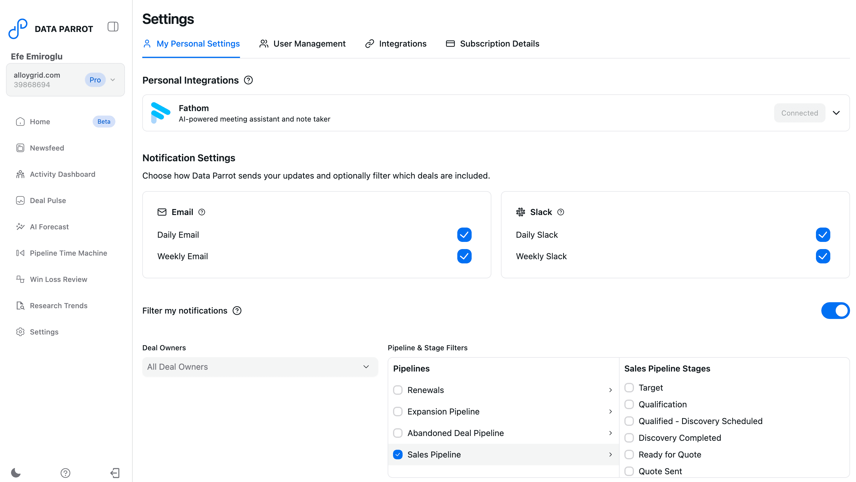 Data Parrot Personal Settings Page Overview