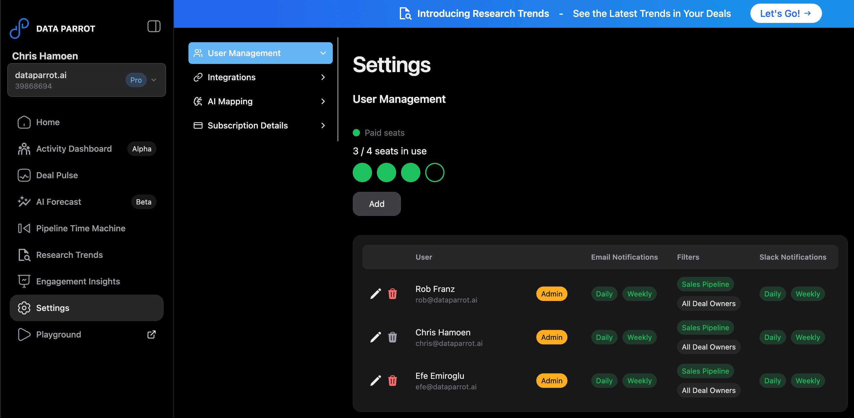Data Parrot Settings User Management Add User Edit Permissions Notification Settings