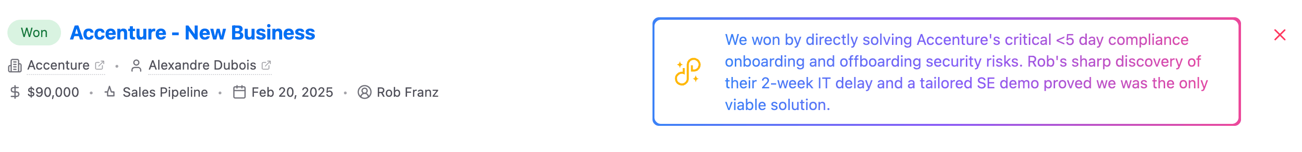 The Deal Information AI Summary for a single Won or Lost HubSpot Deal in Win Loss Review Plus by Data Parrot