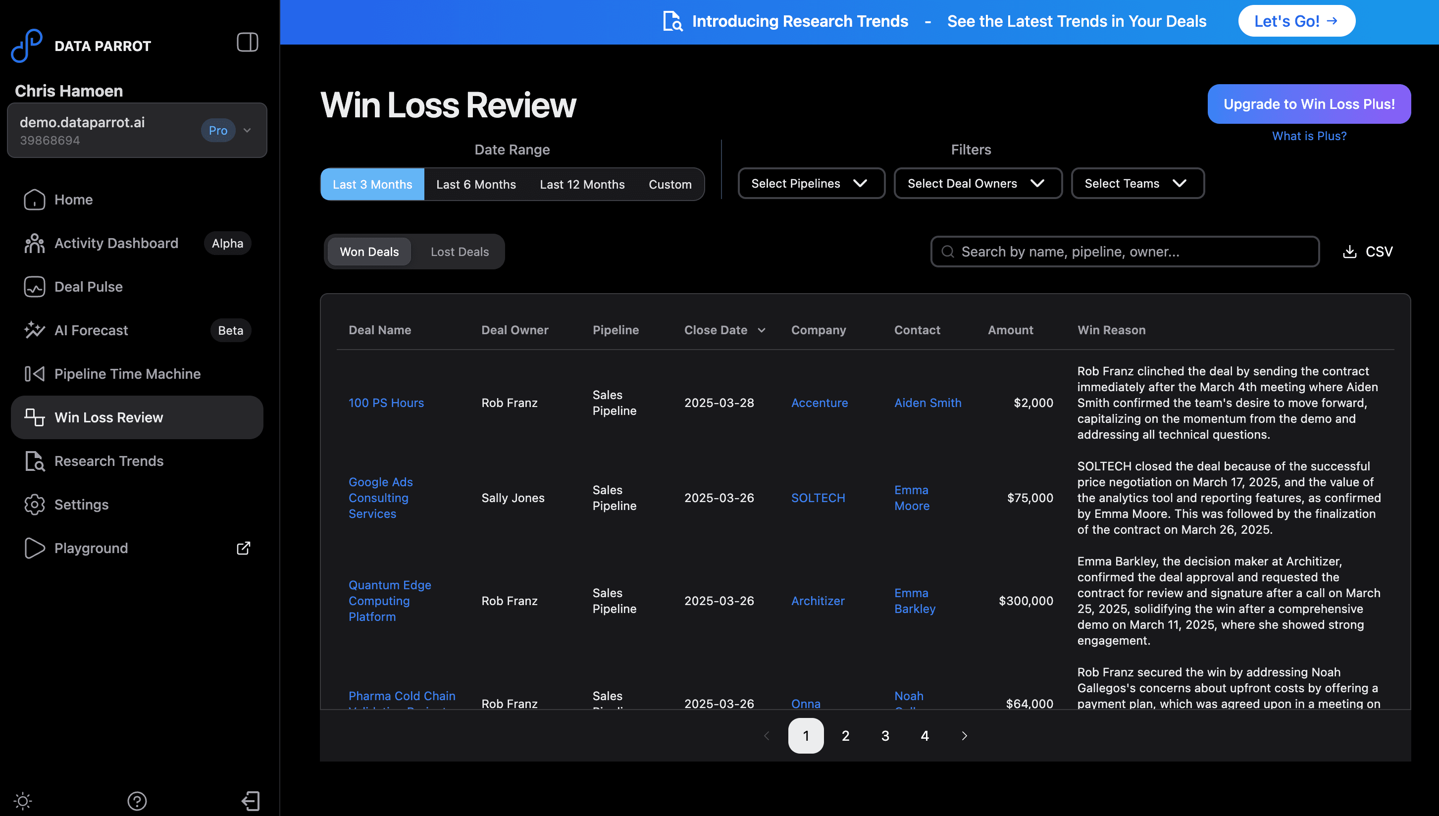 Data Parrot Win Loss Review - Free with Pro Plan