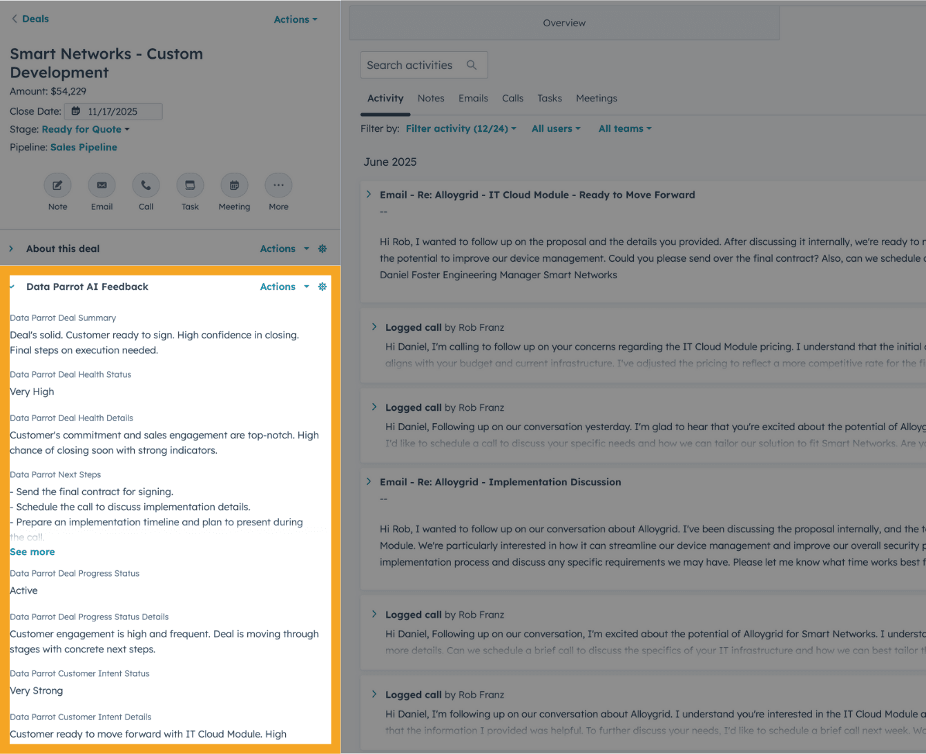 Data Parrot AI Analysis properties on an open deal in HubSpot