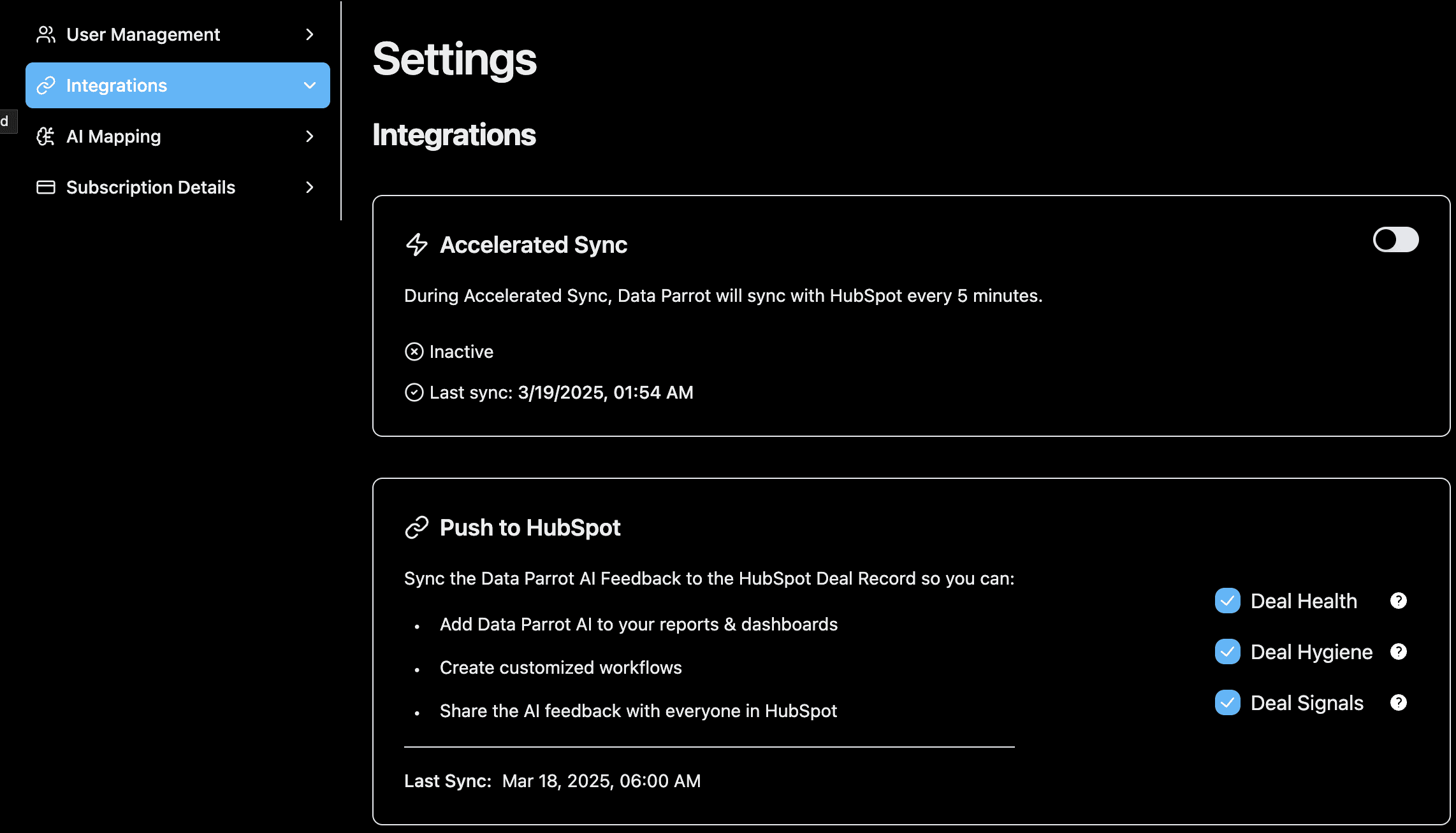 HubSpot Sync Settings with Data Parrot AI