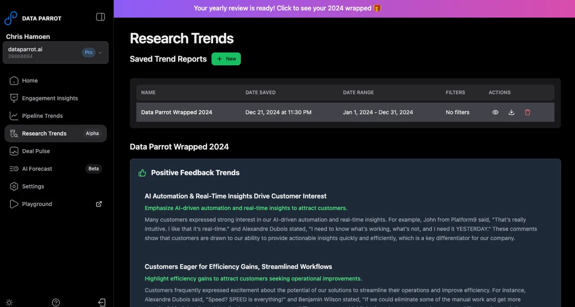 Research Trends to see top customer issues and product feedback powered by AI