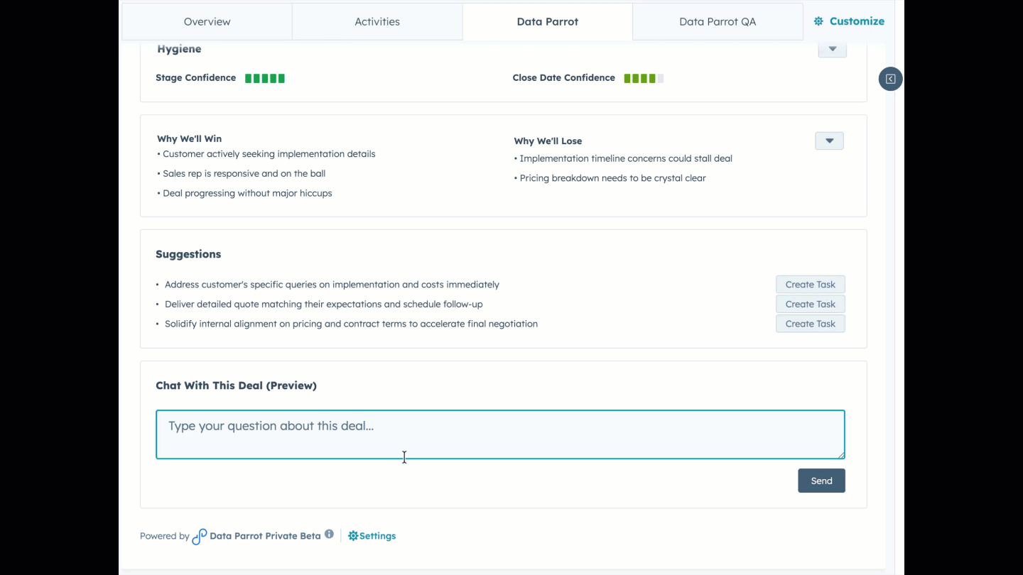 HubSpot UI Extension showing Data Parrot AI Deal Health Analysis
