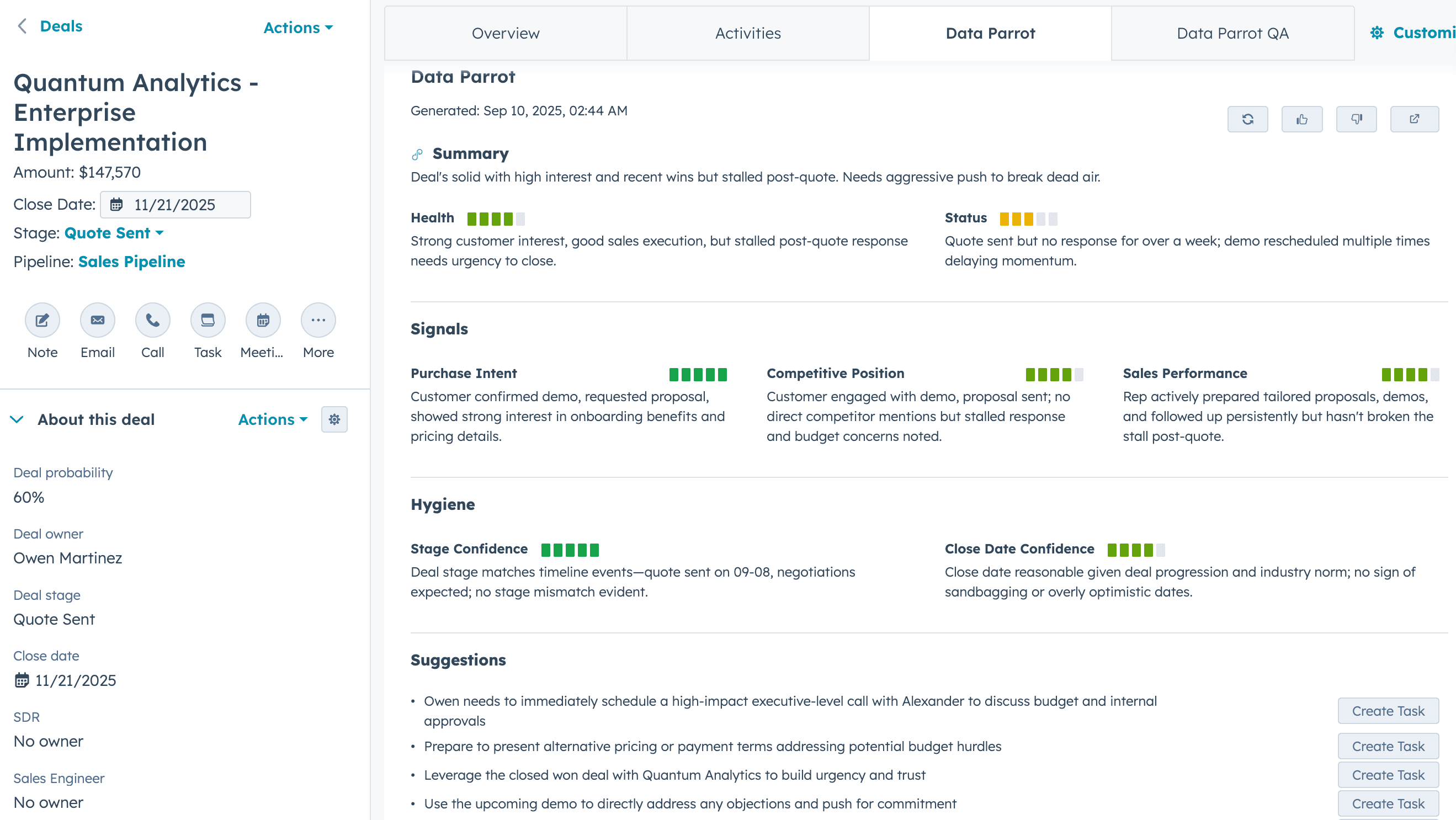 Improved HubSpot UI Card with Data Parrot Deal AI Analysis