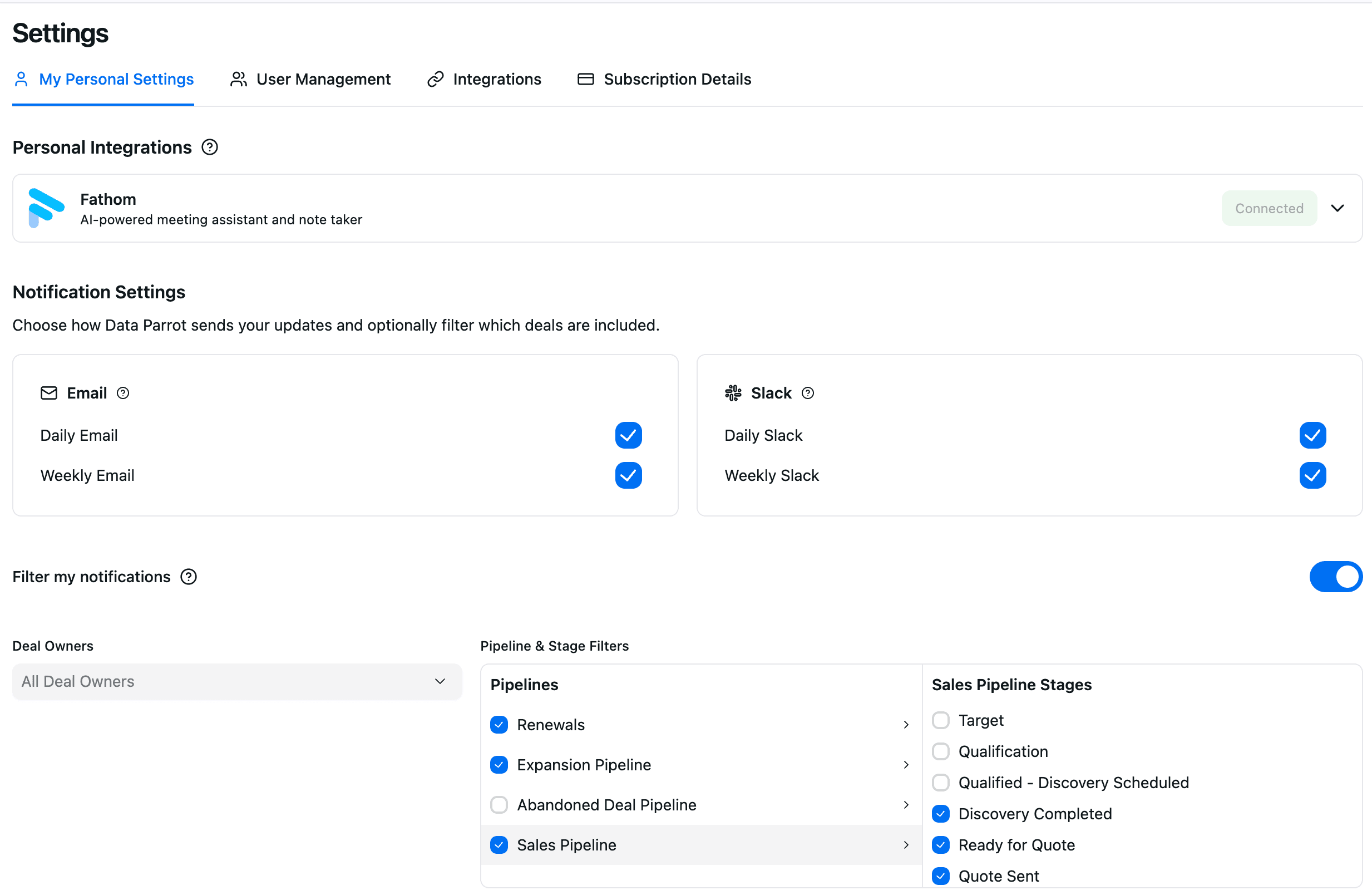 Fathom integration in Data Parrot showing how to connect your Fathom account and improve Data Parrot AI analysis for Deal Intelligence