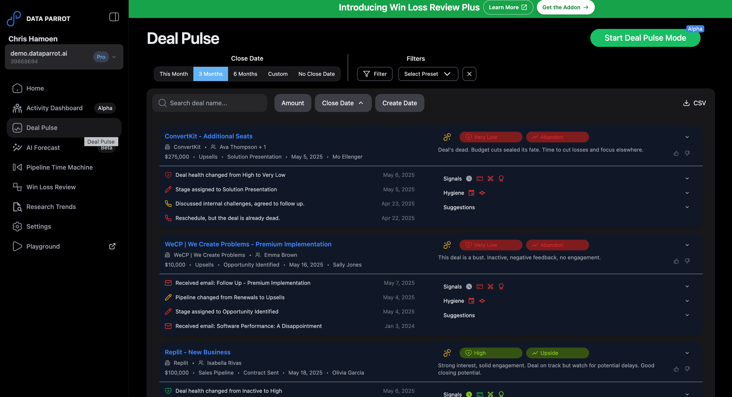 Deal Pulse section in Data Parrot with AI Deal Health Analysis